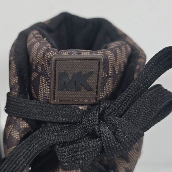 Michael Kors Liv Wedge Booties Womens 5 Black Brown‎ Monogram Soft Knit - Picture 8 of 12